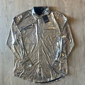 Fate, Silver Metallic Button Down Blouse, Sz S